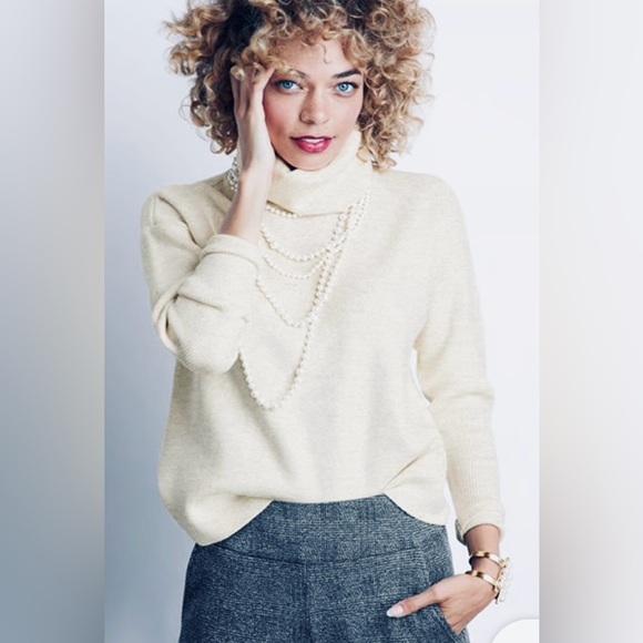 CAbi Lux Oatmeal Cowl Neck Cropped Length Tapered Sleeve Drop Shoulder Sweater - Picture 2 of 12